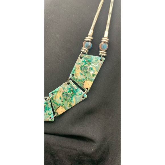 Blue Marble / Granite Look Statement Necklace Boho Silvertone - Picture 3 of 4